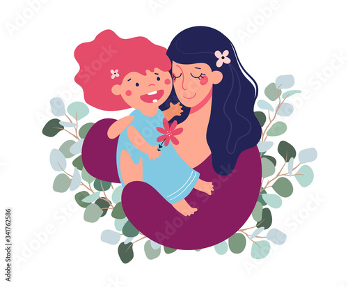 Mother's day greeting template. Mom hugs her daughter. Family and motherhood concept. Flat cartoon vector illustration