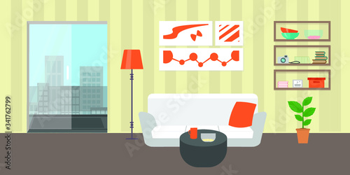 Living room with furniture. Flat style vector interior illustration . Sofa, pillow, lamp, pictures on wall, flower, shelf. Daylight apartments . Hotel suite with city views. Upstairs. Renting a home