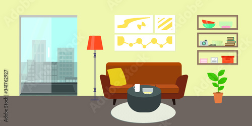 Living room with furniture. Flat style vector interior illustration . Sofa, pillow,  lamp, pictures on wall, flower, shelf. Daylight apartments . Hotel suite with city views. Upstairs. Renting a home