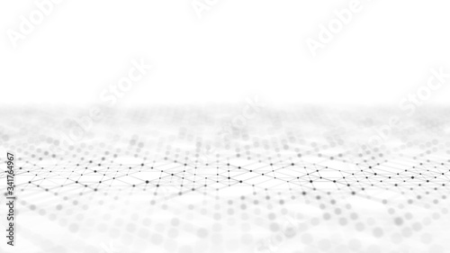Wave white background. Abstract wave with connecting dots and lines on white background. 3D rendering. Futuristic concept.
