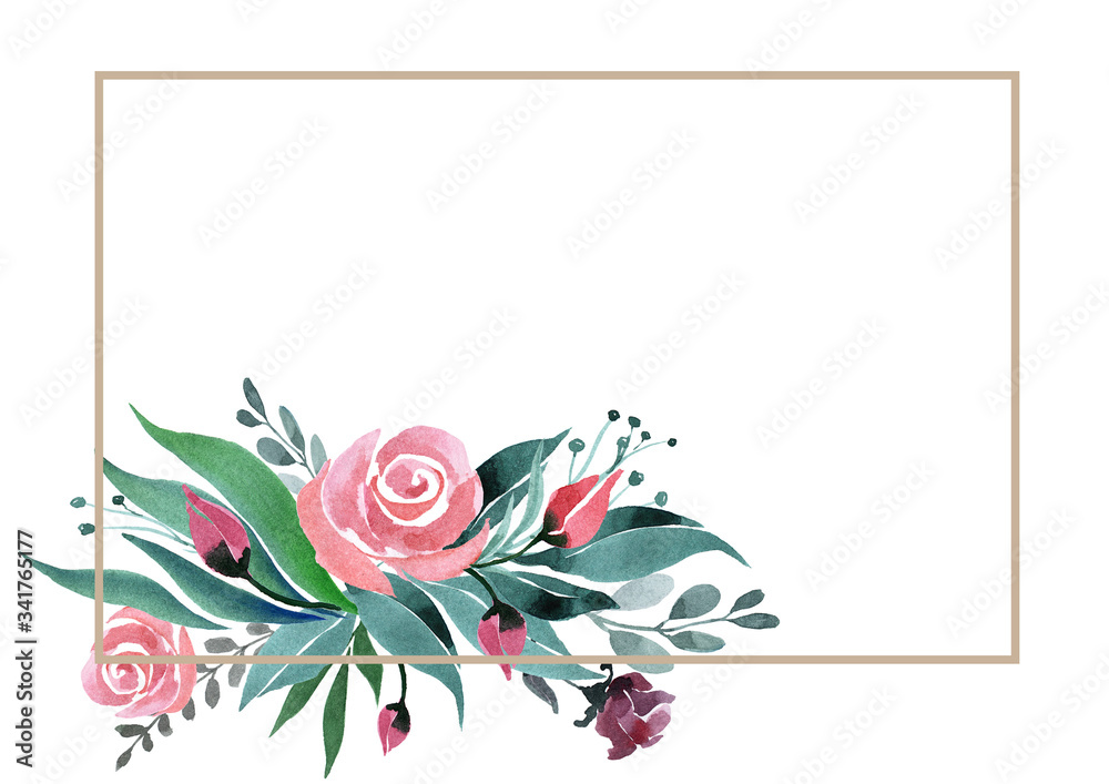 Flower arrangement of red roses and green leaves in a frame on a white background. Watercolor.