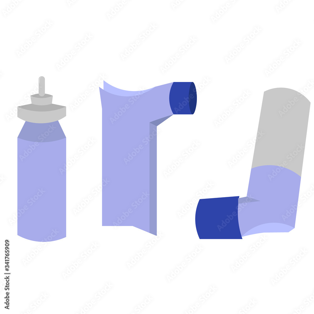 Set of vector inhalers. Therapy of bronchial obstruction and asthma. Medical and pharmaceutical facilities. Medication for the respiratory system. Set of vector inhalers. Therapy of bronchial obstruction and asthma. Medical and pharmaceutical facilities. Medication for the respiratory system.