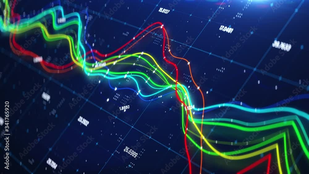 Abstract stock market curve graphs showing fluctuation, values rising, falling. Financial news intro, background
