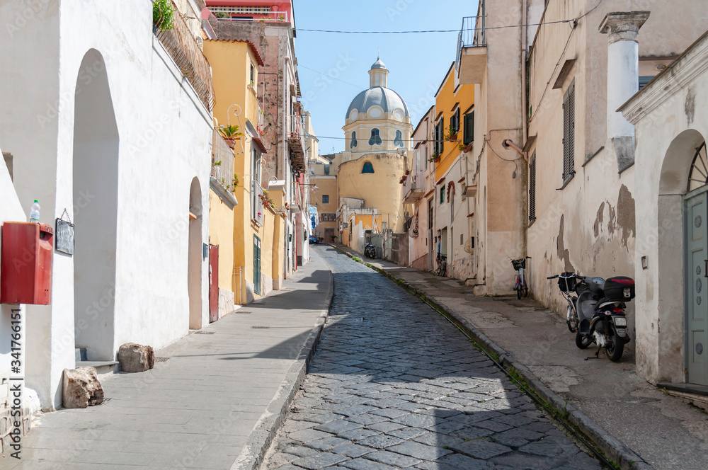 nice narrow street and colored building in Procida near Naples, Italy