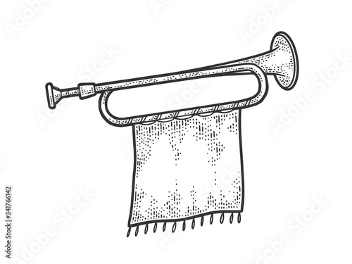 Bugle horn with flag sketch engraving vector illustration. T-shirt apparel print design. Scratch board imitation. Black and white hand drawn image.