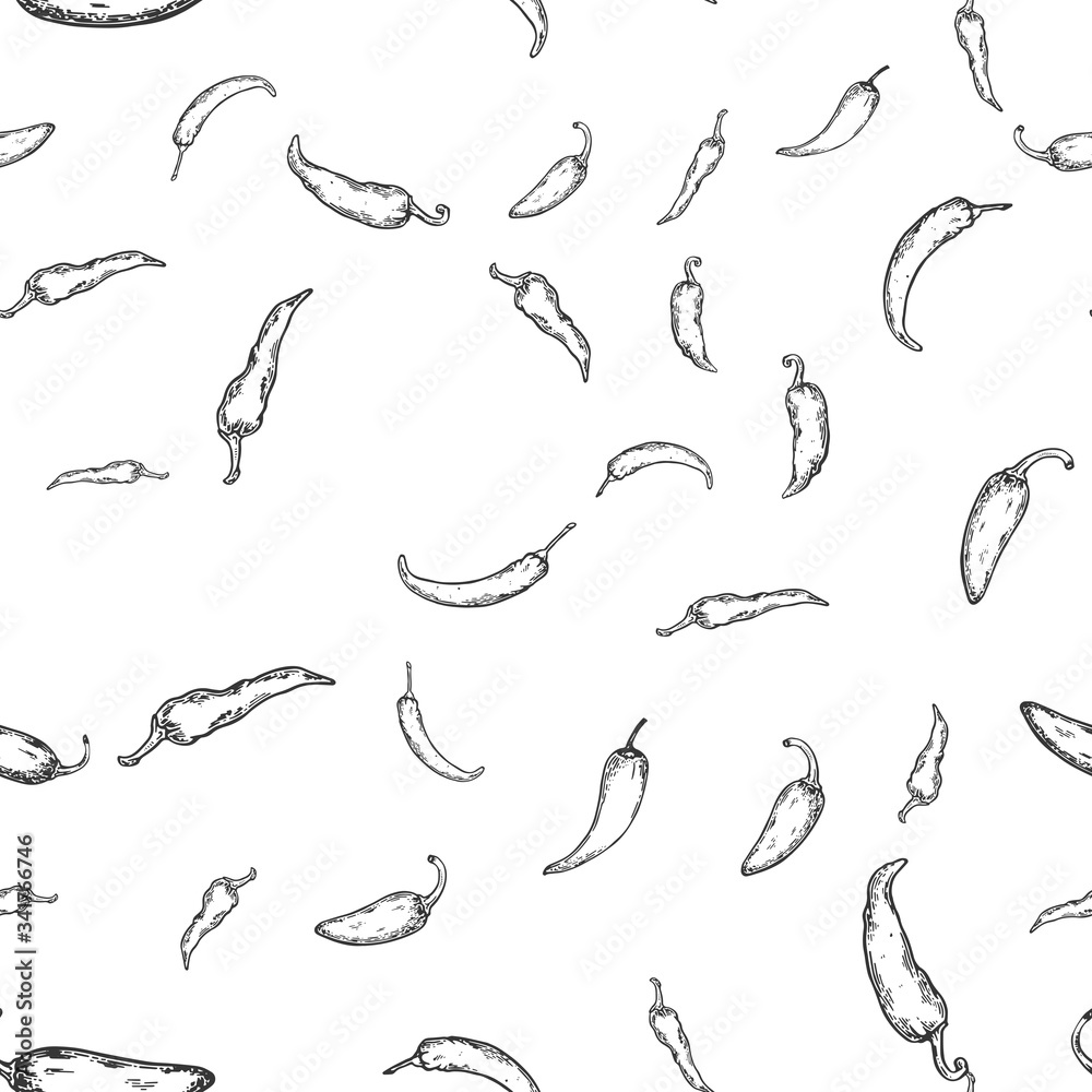 hot pepper seamless pattern background sketch engraving vector illustration. T-shirt apparel print design. Scratch board imitation. Black and white hand drawn image. hot pepper seamless pattern background sketch engraving vector illustration. T-shirt apparel print design. Scratch board imitation. Black and white hand drawn image.