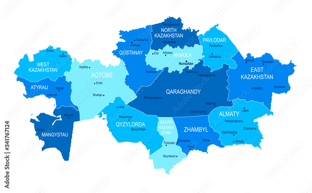 Obraz premium Kazakhstan map. Cities, regions. Vector