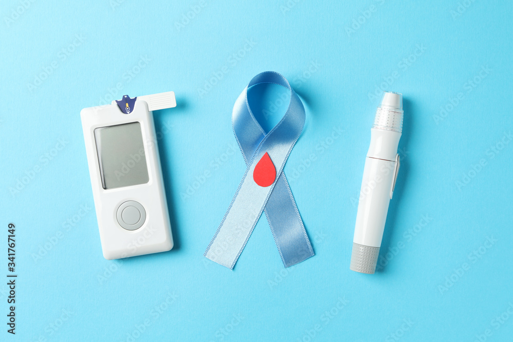 awareness diabetes accessories on blue background Stock Photo | Adobe Stock