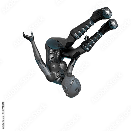 cyber soldier female jumping on the air