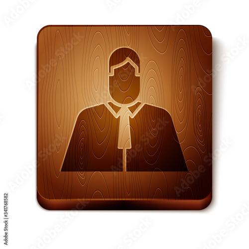 Brown Lawyer, attorney, jurist icon isolated on white background. Jurisprudence, law or court icon. Wooden square button. Vector Illustration