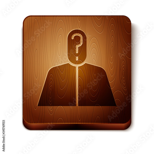 Brown Anonymous man with question mark icon isolated on white background. Unknown user, incognito profile, business secrecy, obscurity. Wooden square button. Vector Illustration