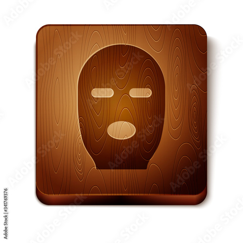 Brown Thief mask icon isolated on white background. Bandit mask, criminal man. Wooden square button. Vector Illustration