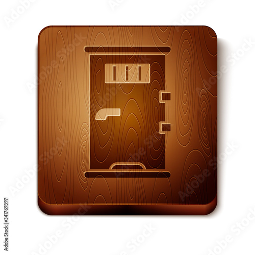 Brown Prison cell door with grill window icon isolated on white background. Wooden square button. Vector Illustration
