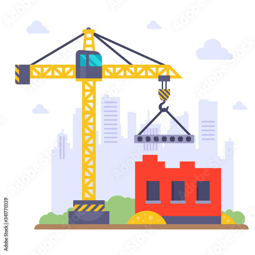 Construction crane builds a prefabricated house on the background of the city. flat vector illustration.