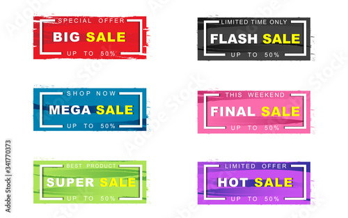 Set collection of vector tag and label discount banner template for promotion business with text message big  flash  mega  final  and hot sale event with frame on colors grunge brushes background