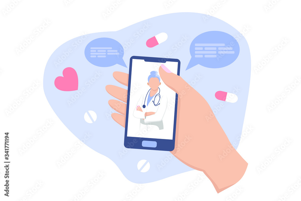 Smartphone screen with female therapist on chat in messenger and an online consultation. Vector flat illustration. Ask doctor. Online medical advise or consultation service, tele medicine, cardiology Smartphone screen with female therapist on chat in messenger and an online consultation. Vector flat illustration. Ask doctor. Online medical advise or consultation service, tele medicine, cardiology