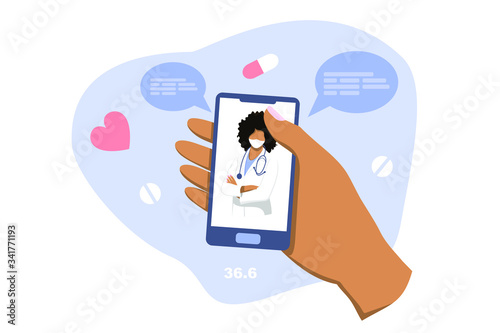Smartphone screen with female therapist on chat in messenger and an online consultation. Vector flat illustration. Ask doctor. Online medical advise or consultation service, tele medicine, cardiology