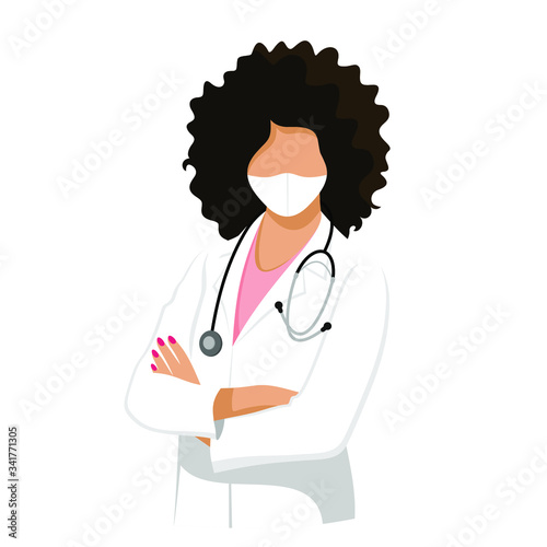 Doctor woman wearing a lab coat stands with crossed arms. Vector flat illustration. Ask doctor. Online medical advice or consultation service, tele medicine, cardiology