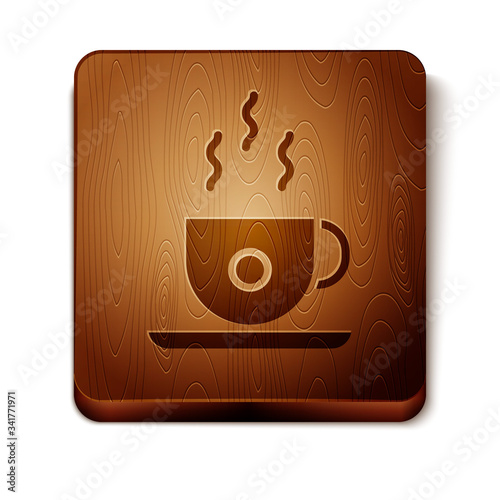 Brown Coffee cup icon isolated on white background. Tea cup. Hot drink coffee. Wooden square button. Vector Illustration