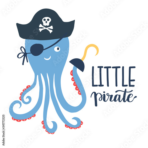 Vector illustration Little pirate lettering with pirate's hat and bones. Kids logo emblem. Textile fabric print