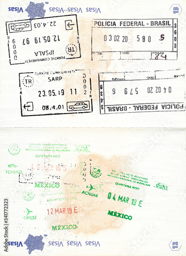 Immigration stamps of Turkey, Brazil and Mexico in a French passport. No personal data