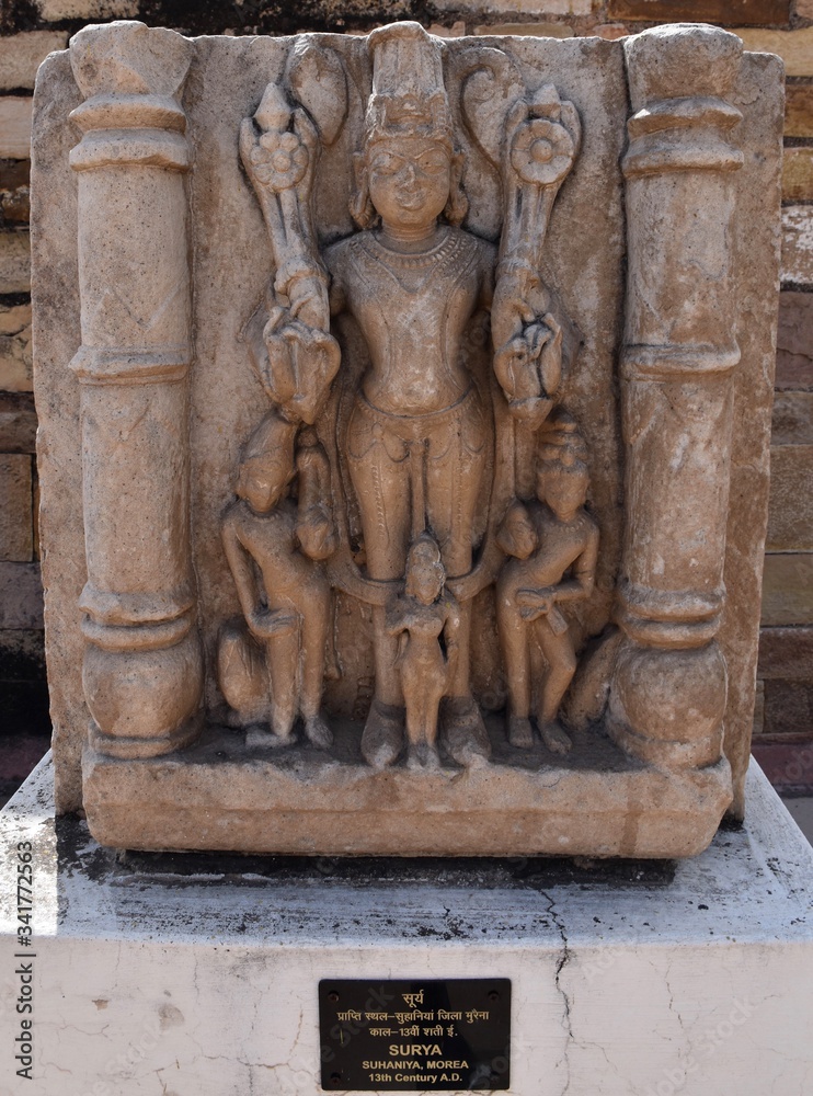 Gwalior, Madhya Pradesh/India - March 15, 2020 : Sculpture of Surya built in 13th Century A.D.