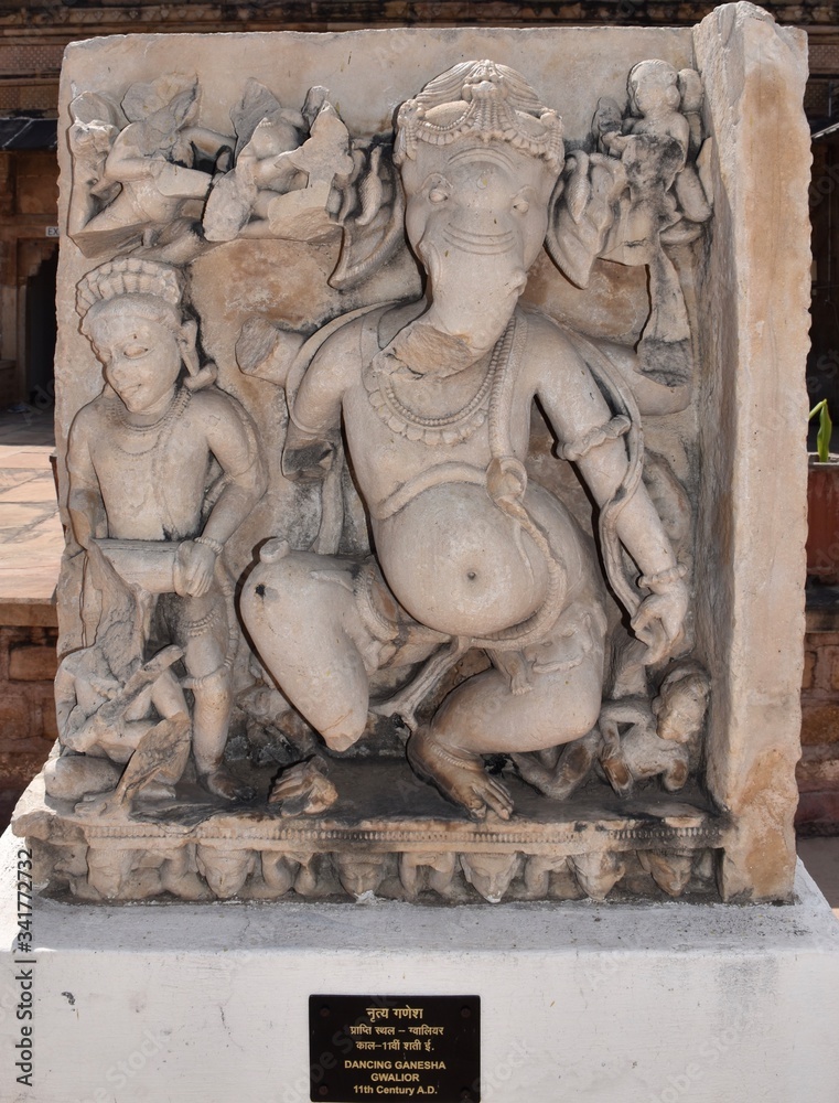 Gwalior, Madhya Pradesh/India - March 15, 2020 : Sculpture of Dancing Ganesha built in 13th Century A.D.