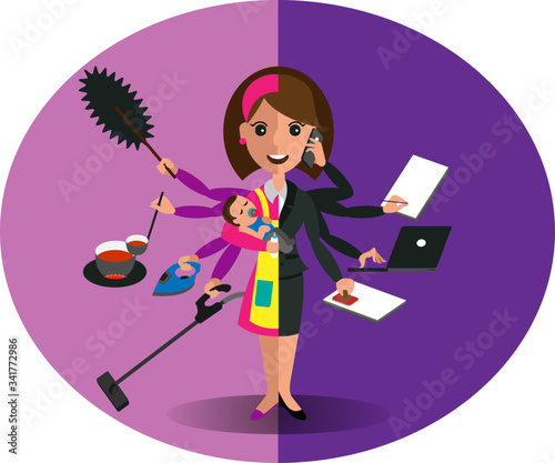 Concept of work and life balance, dividing between work and home. Keeping up everywhere. Vector illustration. Young businesswoman in suit and red dress with pinafore holding a baby in her arms.