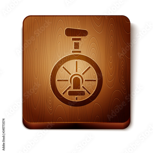 Brown Unicycle or one wheel bicycle icon isolated on white background. Monowheel bicycle. Wooden square button. Vector Illustration