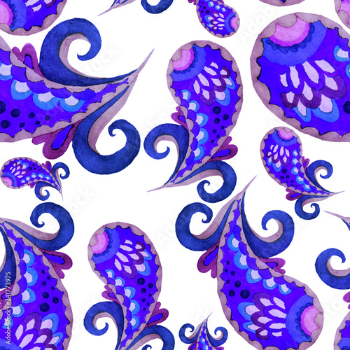 Watercolor seamless pattern with paisley. Traditional print. Textile design t...