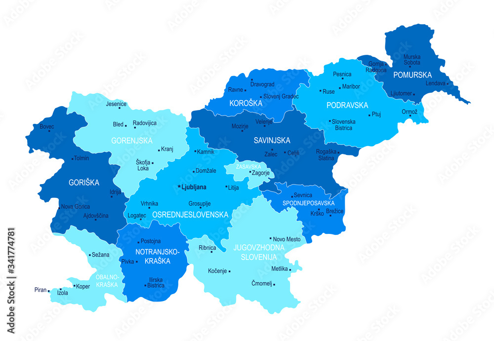 Slovenia map. Cities, regions. Vector