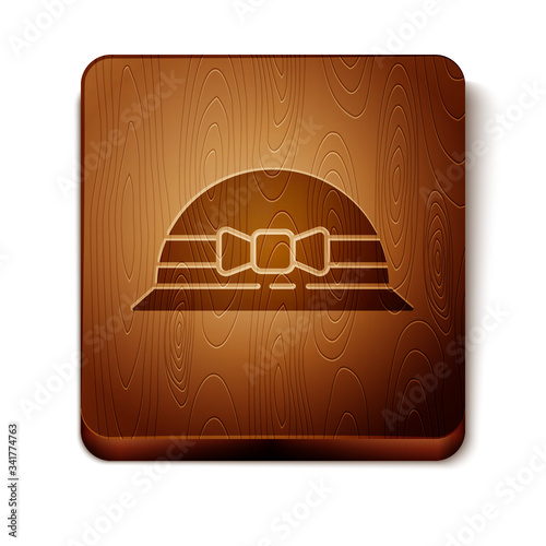 Brown Elegant women hat icon isolated on white background. 8 March. International Happy Women Day. Wooden square button. Vector Illustration
