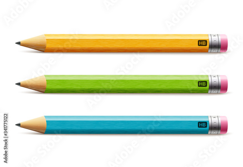 Vector short pencil, realistic pencil isolated cartoon with rubber eraser