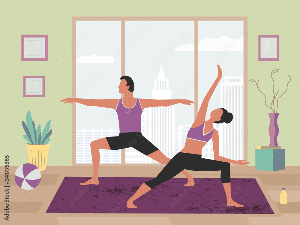 Fototapeta premium Couple training yoga stay home flat color vector