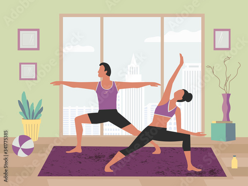 Couple training yoga stay home flat color vector