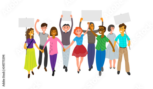 A group of young people participate in a parade, rally or demonstration. Men and women hold each other's hands, and some hold posters in their hands. Flat vector illustration on a white background.