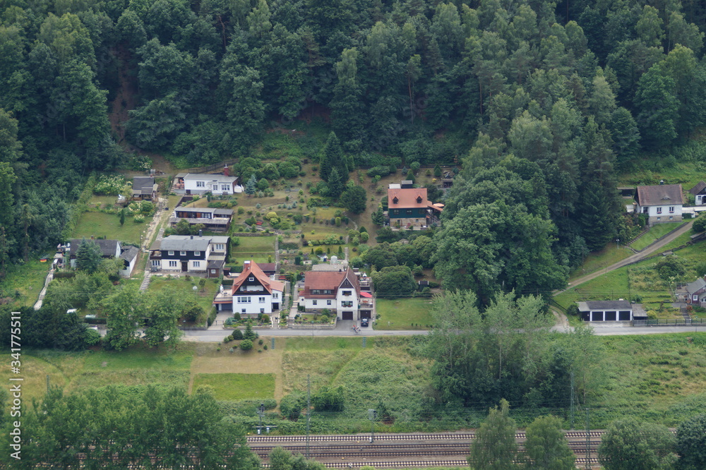 View from Mount Bastei to the village and the railway in Germany.