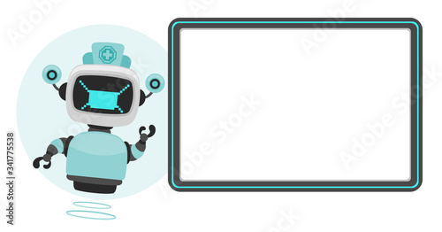 Vector medical robot doctor with signboard.Health staff technology concept.