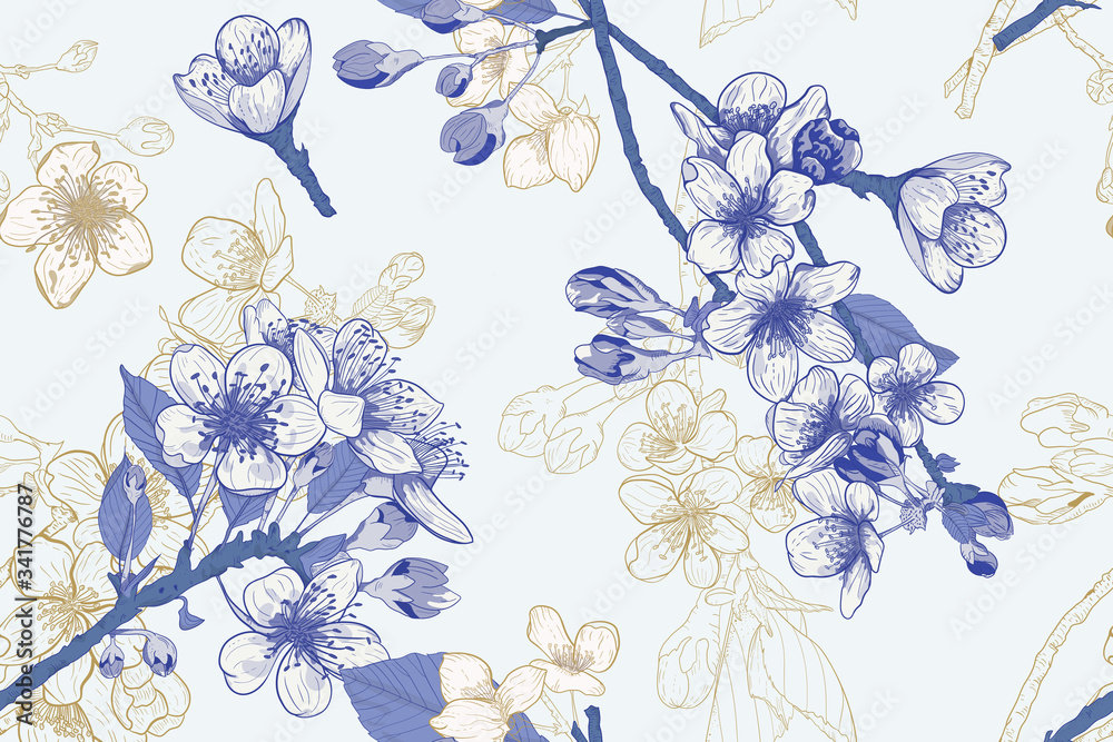 Floral pattern. Bluish Toile graphic design. Vintage seamless vector illustration. Blue and gold outlines. Bright, white background. Fabric, wallpaper swatches. Flower bouquet with texture.
