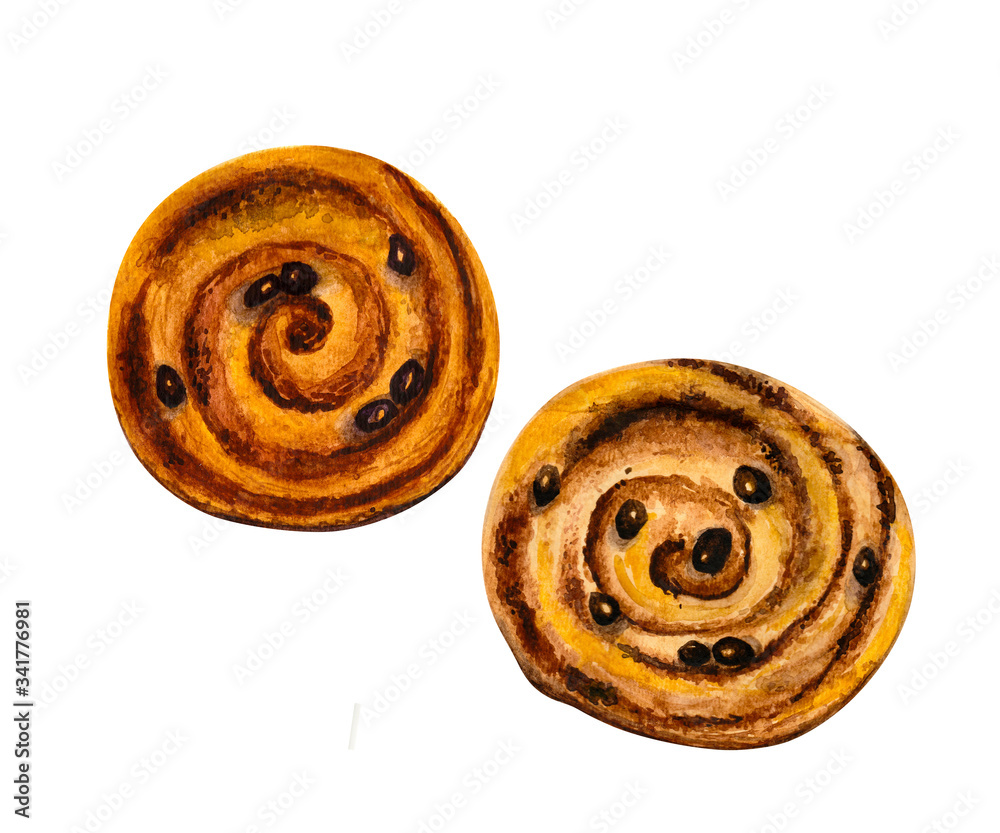 Fototapeta premium Two tasty puff pastry rolls with raisins close up isolated on white background. Watercolor hand painted food illustration.