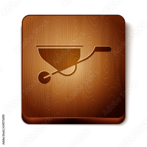 Brown Wheelbarrow icon isolated on white background. Tool equipment. Agriculture cart wheel farm. Wooden square button. Vector Illustration