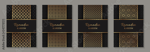 Set of four greeting cards for ramadan with golden arabic traditional ornament on a black background.