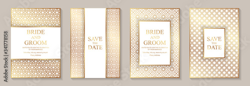 Set of modern geometric luxury wedding invitation design or card templates for business or presentation or greeting with golden arabic ornament on a white background.