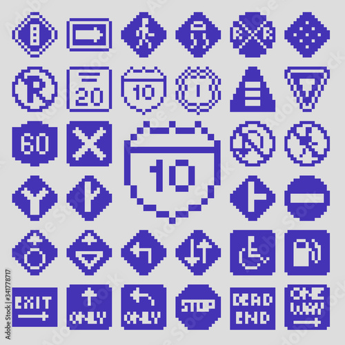 Pixel Art Road & Street Signs Flat Icon Pack 