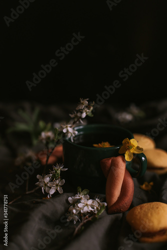 still life with tea and flowers