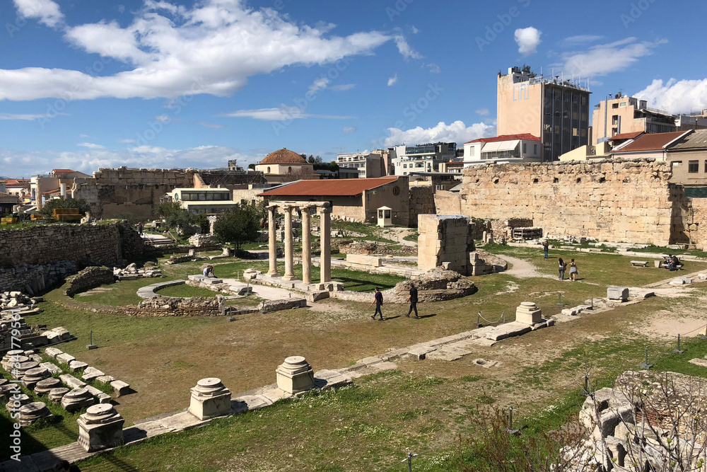 Athens, Greece - March 14, 2018: Hadrian's Library on the north side of the Acropolis of Athens, Greece