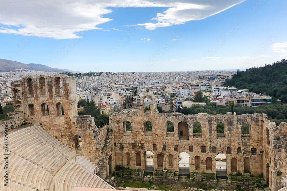 Athens, Greece - March 14, 2018: Odeon of Herodes Atticus. Acropolis of Athens, Greece.