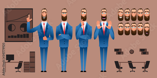 Set of Cartoon character expressions. Emotional face. Variants of emotions. Flat style vector illustration isolated on ofice background. Businessman presents an idea.
