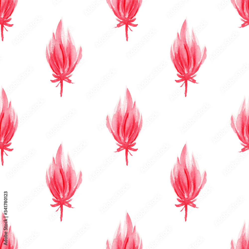 Red watercolor blooming flower bud seamless pattern isolated on white. Raster flower blooming hand-drawn watercolor paint. Square seamless print flower Red watercolor blooming flower bud seamless pattern isolated on white. Raster flower blooming hand-drawn watercolor paint. Square seamless print flower