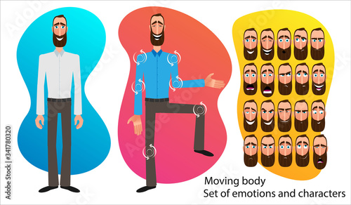 Set of Cartoon character expressions. Emotional face. Variants of emotions. Flat style vector illustration isolated on abstract background. Businessman presents an idea. Moving body for animation.